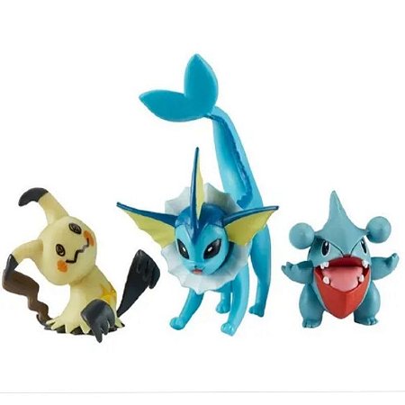 Pokémon - 3 mini figuras - Vaporeon, Mimikyu e Gible