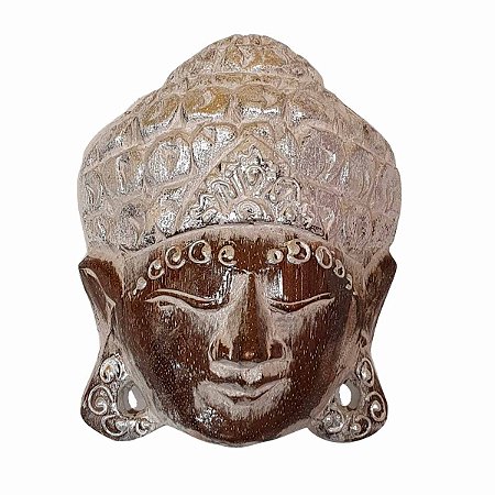 Máscara Cabeça de Buda Madeira Balsa Cinza com Prateado 15cm