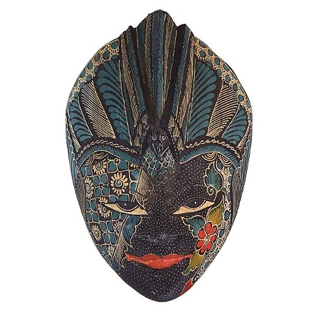 Máscara Batik Madeira Balsa Pássaro Azul 30cm (Estampas Diversas)
