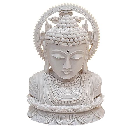 Escultura Cabeça de Buda com Resplendor Pó de Mármore Branco 18cm
