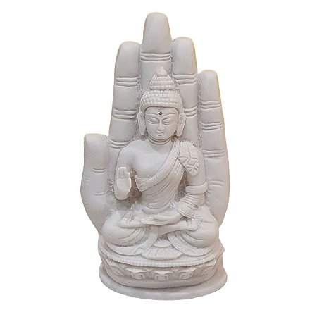 Escultura Buda Sidarta na Mão de Pó de Mármore Branco 23cm