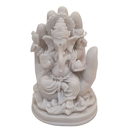 Escultura Ganesha na Mão de Pó de Mármore Branco 12cm