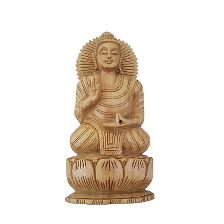 Escultura de Buda Sidarta de Madeira Suar Mudra Dar e Receber 15cm