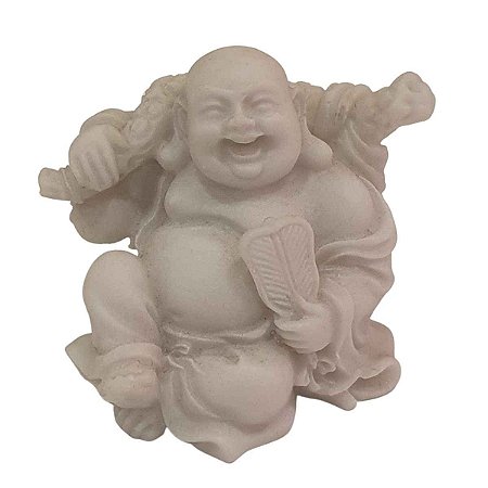 Mini Escultura Buda Hotei Saco da Fortuna com Leque de Pó de Mármore 6cm