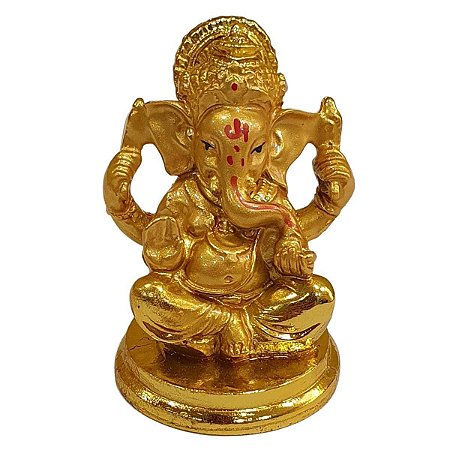 Escultura de Ganesha de Resina Dourado Base Redonda 6cm