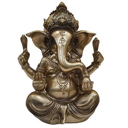 Escultura Ganesha de Resina Plástica Ouro Velho 10cm