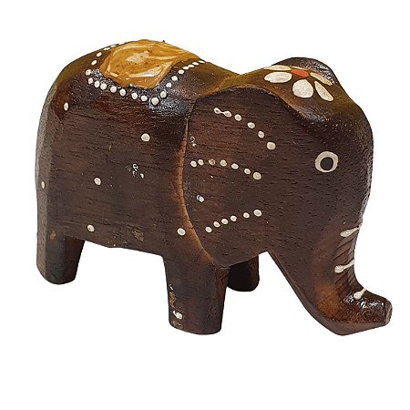 Mini Elefante de Madeira Dots Marrom com Flor 6cm