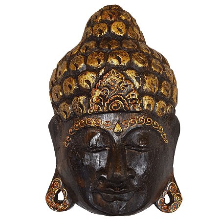 Máscara Buda de Madeira Balsa Marrom com Dourado 30cm
