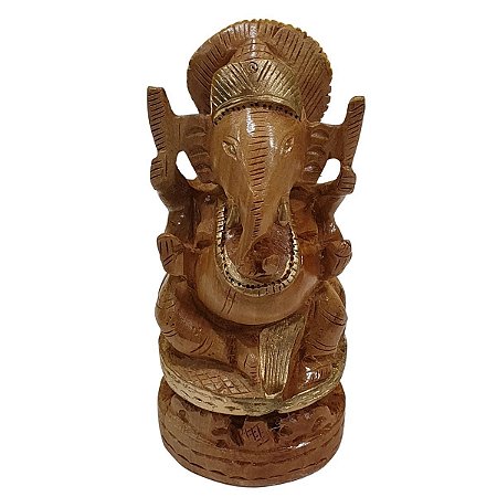 Escultura Ganesha de Madeira Redondo 13cm
