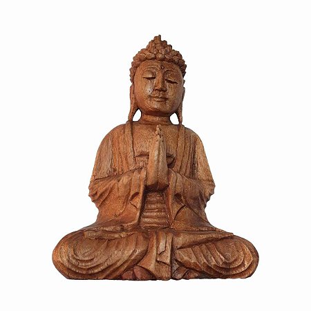 Escultura de Buda Sidarta de Madeira Suar Mudra Oração 35cm