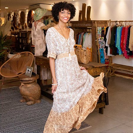 Vestido Artha Longo Indiano Caramelo Viscose Tamanho G