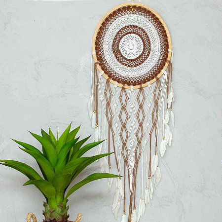 Filtro dos Sonhos Mandala Crochê Marrom & Branco 1,5m Importado de Bali