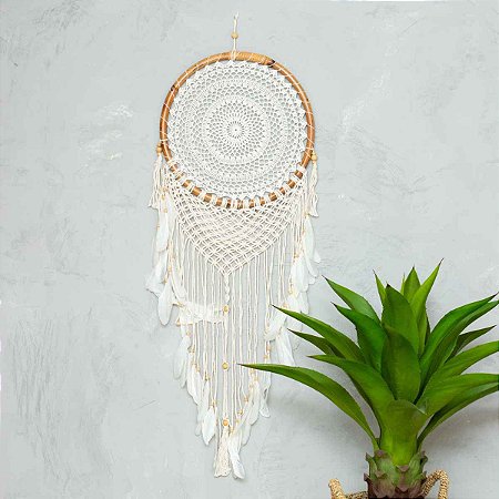 Filtro dos Sonhos Mandala Crochê Off White 1,15m Importado de Bali
