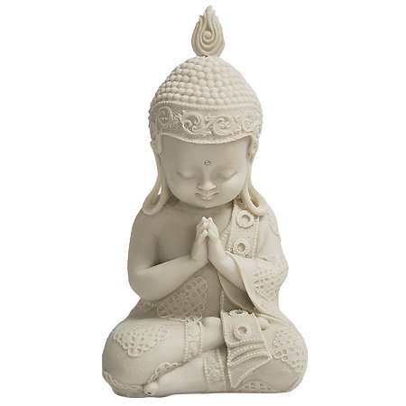 Estátua de Baby Buda de Pó de Mármore Branca Mudra Oração 26cm