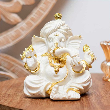Escultura de Ganesha Branco e Dourado 15cm