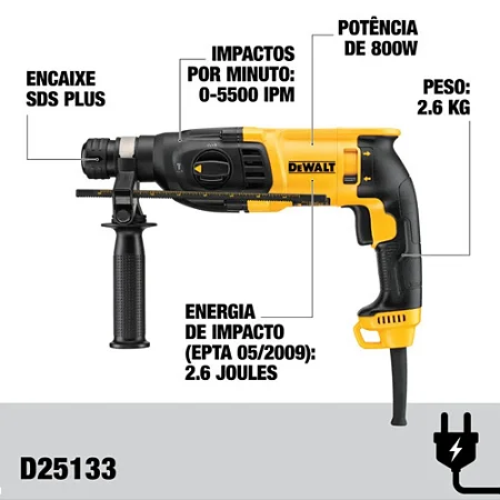 Martelete Perfurador e Rompedor Dewalt D25133KB2 Perfuração sem Percussão com Maleta 220v