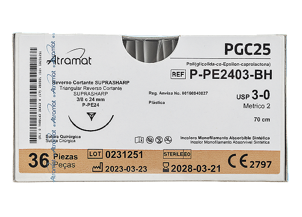 P-PE2403-BH | Fio Sutura PGC25 3-0 AG Triang. 3/8 24mm