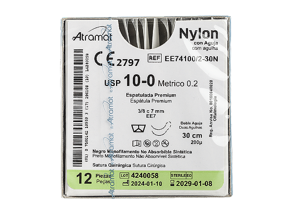 EE74100/2-30N | Fio Sutura Nylon 10-0 2 Agulhas Espátula 3/8 7 mm - Oftalmologia