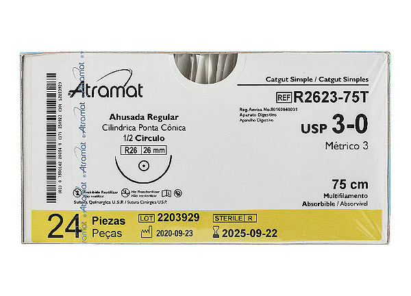 R2623-75T |  Fio Sutura Catgut Simples 3-0 AG Cil. 1/2 Circ. 26 mm