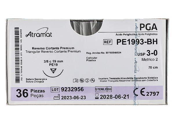 PE1993-BH | Fio Sutura PGA 3-0 AG T. 3/8 Circ. 19 mm