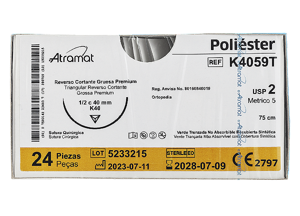 K4059T | Fio Sutura de Poliéster 2 AG Cil. Ponta cortante 1/2 Circ. 40 mm