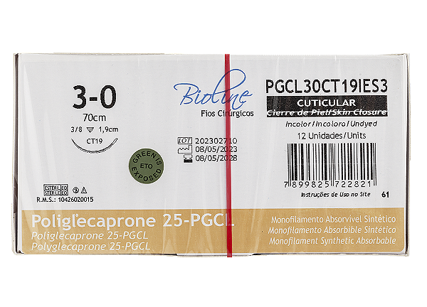 PGCL30CT19IES3 | Fio Sutura PGC25 Bioline 3-0 AG T. 3/8 de circ. 19 mm, 70 cm