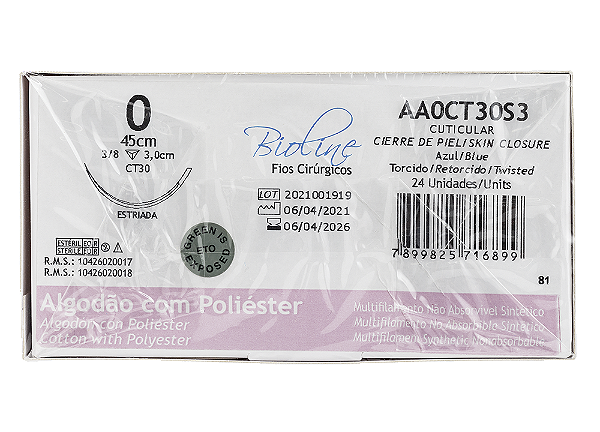 AA0CT30S3 | Fio Sutura Algodão 0 AG Triang. 3/8 Circ. 30 mm