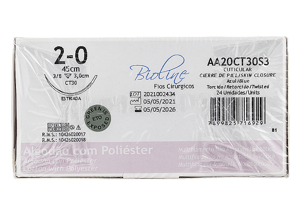AA20CT30S3 | Fio Sutura Algodão 2-0 AG Triang. 3/8 Circ. 30 mm