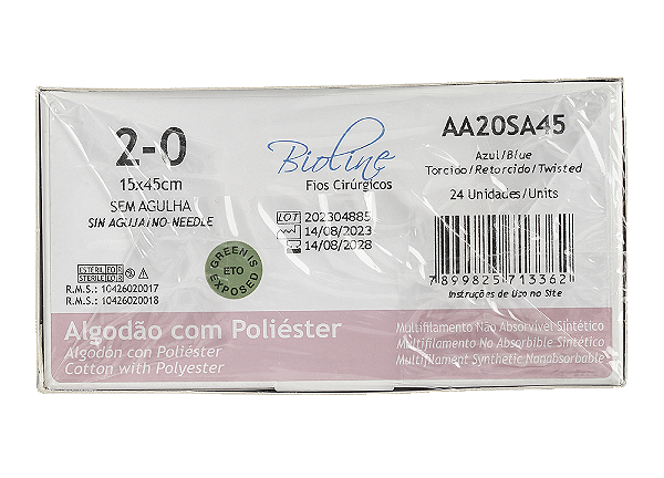 AA20SA45 | Fio Sutura Algodão 2-0 Sem Agulha (15x45cm)