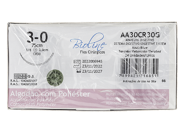 AA30CR30G | Fio Sutura Algodão 3-0 AG Cilíndrica 3/8 Circ. 30 mm