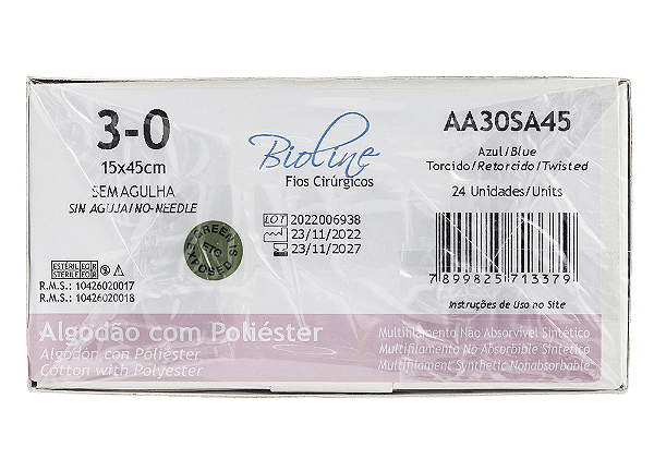 AA30SA45 | Fio Sutura Algodão 3-0 Sem Agulha (15x45cm)