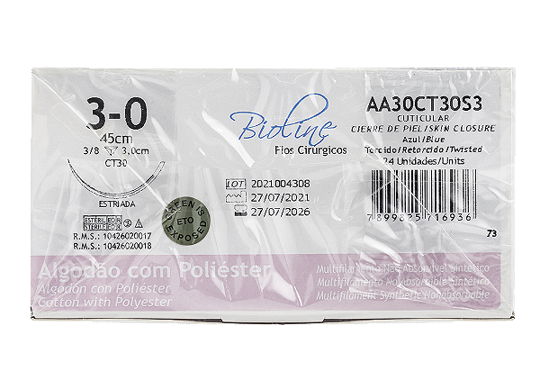 AA30CT30S3 | Fio Sutura Algodão 3-0 AG Triang. 3/8 Circ. 30 mm