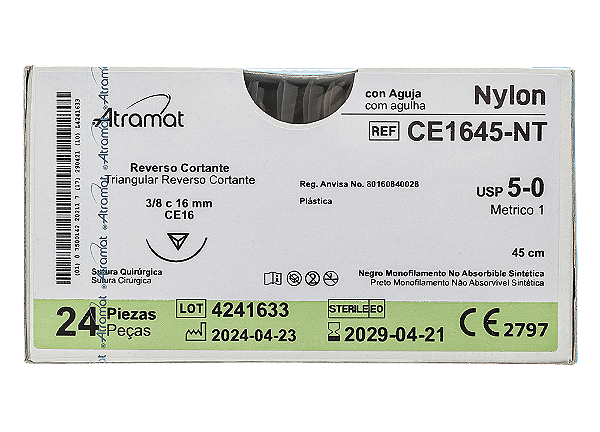 CE1645-NT | Fio Sutura Nylon 5-0 AG Triang. 3/8 16 mm