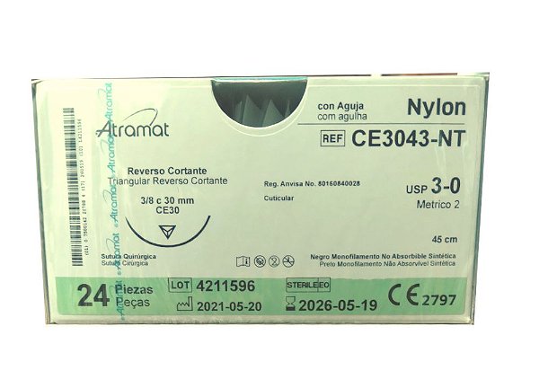 CE3043-NT | Fio Sutura Nylon 3-0 AG Triang. 3/8 30 mm (equivalente ao Mononylon 1166T)