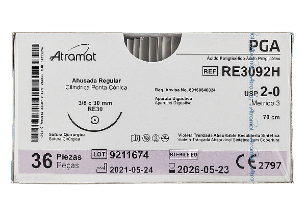 RE3092H | Fio Sutura PGA 2-0 AG Cil. 3/8 Circ. 30 mm