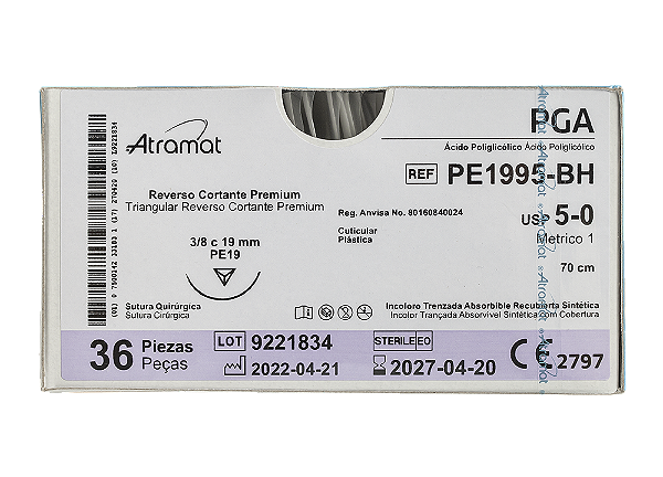 PE1995-BH | Fio Sutura PGA 5-0 AG T. 3/8 Circ. 19 mm