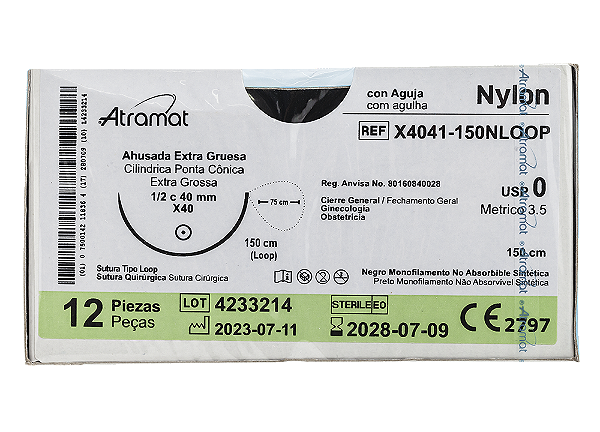 X4041-150NLOOP | Fio Sutura Nylon 0 AG Cil. 1/2 40 mm, Laçado 150 cm de comprimento