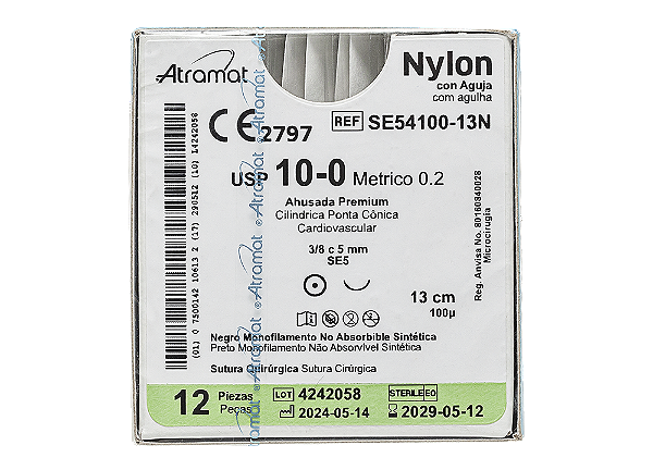 SE54100-13N | Fio Sutura Nylon 10-0 AG Cilíndrica 3/8, 5 mm - Microcirurgia