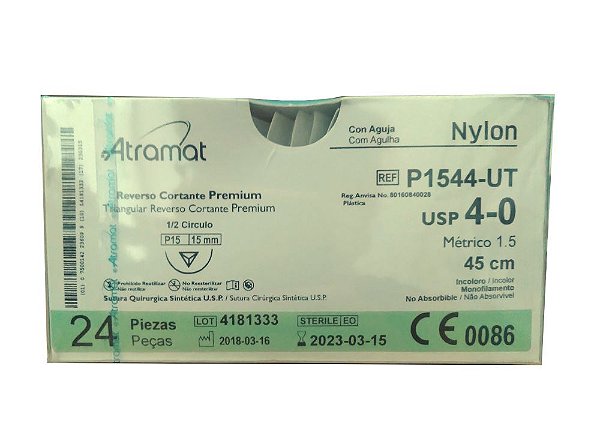 P1544-UT | Fio Sutura Nylon Incolor 4-0 AG Triang. 1/2 15 mm (equivalente ao Mononylon P1603T)