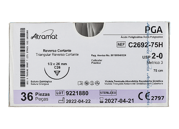 C2692-75H | Fio Sutura PGA 2-0 AG Triang. 1/2 Circ. 26 mm
