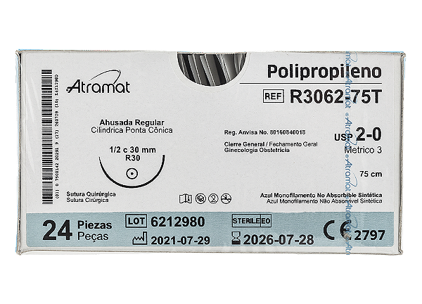 R3062-75T | Fio Sutura de Polipropileno 2-0 AG. Cil. 1/2 Cir. 30 mm