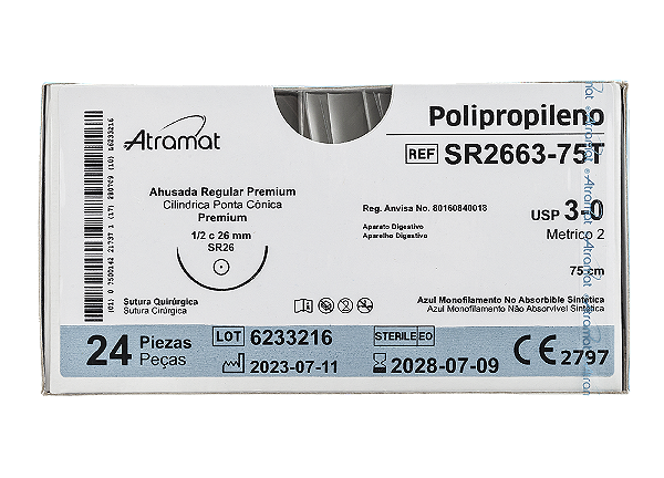 SR2663-75T | Fio Sutura de Polipropileno 3-0 AG. Cil. 1/2 circ. 26 mm
