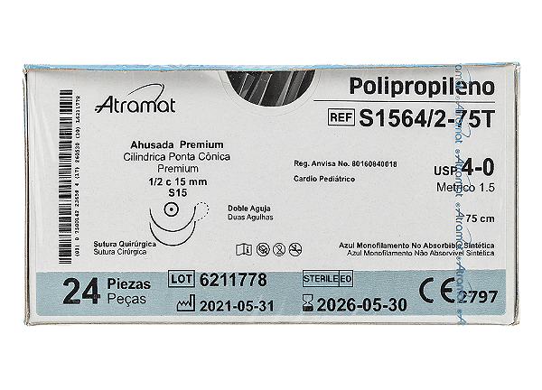 S1564/2-75T | Fio Sutura de Polipropileno 4-0 2 Agulhas Cil. 1/2 circ. 15 mm