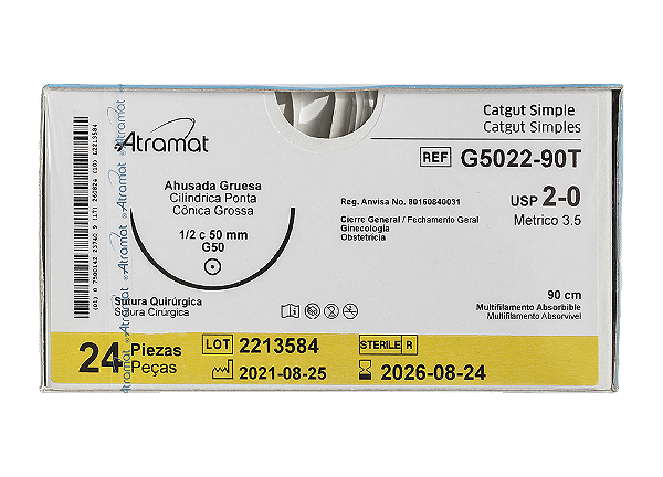 G5022-90T | Fio Sutura Catgut Simples 2-0 AG Cil. 1/2 círculo 50 mm