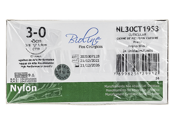 NL30CT19S3 | Fio Sutura Nylon 3-0 AG Triang. 3/8 19 mm