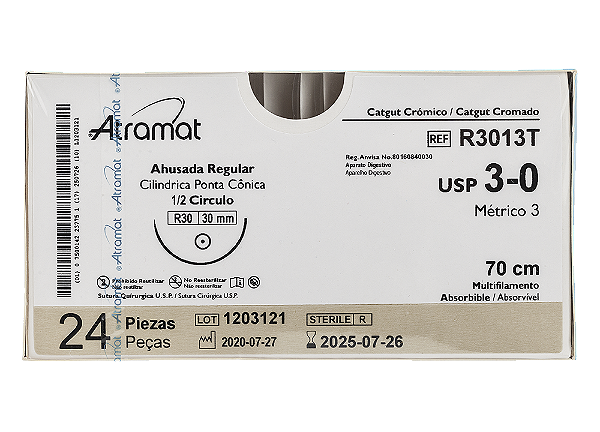 R3013T | Fio Sutura Catgut Cromado 3-0 AG Cil. 1/2 Circ. 30 mm