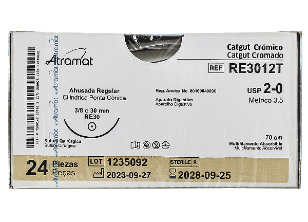 RE3012T | Fio Sutura Catgut Cromado 2-0 AG Cil. 3/8 Circ. 30 mm