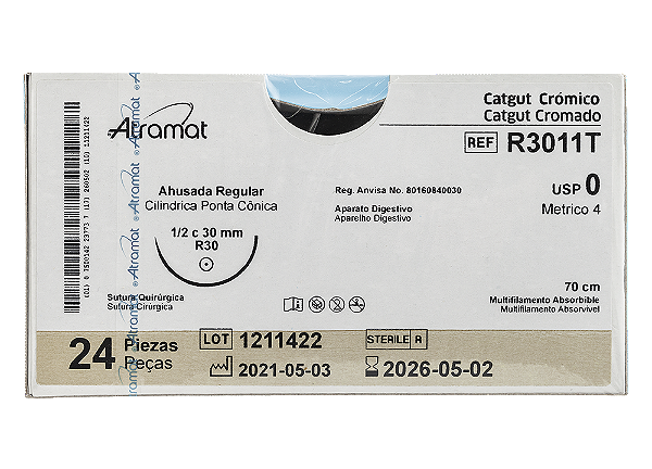 R3011T | Fio Sutura Catgut Cromado 0 AG Cil. 1/2 Circ. 30 mm