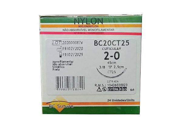 BC20CT25 | Fio Sutura Nylon 2-0 AG Triangular 3/8 25 mm BC Suture
