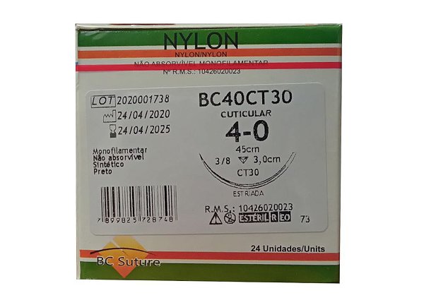 BC40CT30 | Fio Sutura Nylon 4-0 AG Triangular 3/8 30 mm BC Suture